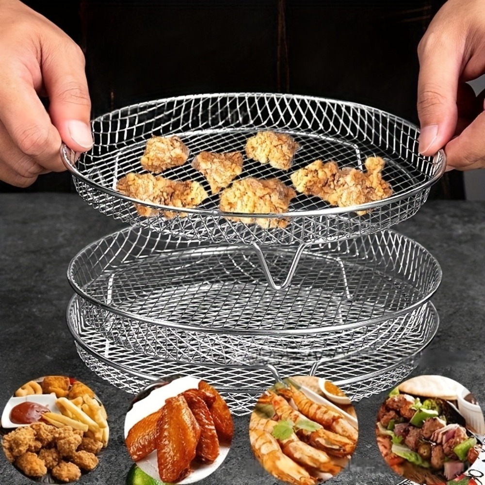 Kitchen Gadgets Air Fryer - อุปกรณ์เสริมหม้อทอดไร้น้ำมันสแตนเลส, ชุด 3 ชิ้น/ชุด, ตะแกรงสำหรับทอด, ตะแกรงนึ่งและย่าง,