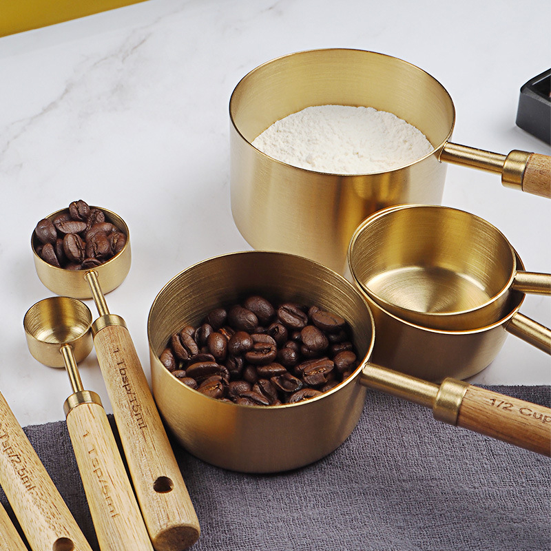 Kitchen Gadgets Gold - 4/8pcs ไม้ทองวัดถ้วยและช้อนสแตนเลสอาหารกาแฟแป้ง Scoop ครัวขนาดเบเกอรี่ทำอาหาร Gadget ชุด