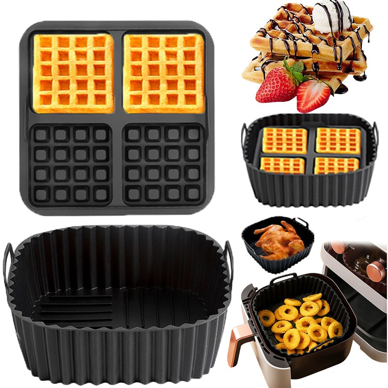 Kitchen Gadgets Air Fryer - ชุดอุปกรณ์อบขนม - ถาดอบขนมสำหรับหม้อทอดไร้น้ำมันทรงสี่เหลี่ยม + แม่พิมพ์วาฟเฟิลทรงสี่เหลี่ยม -