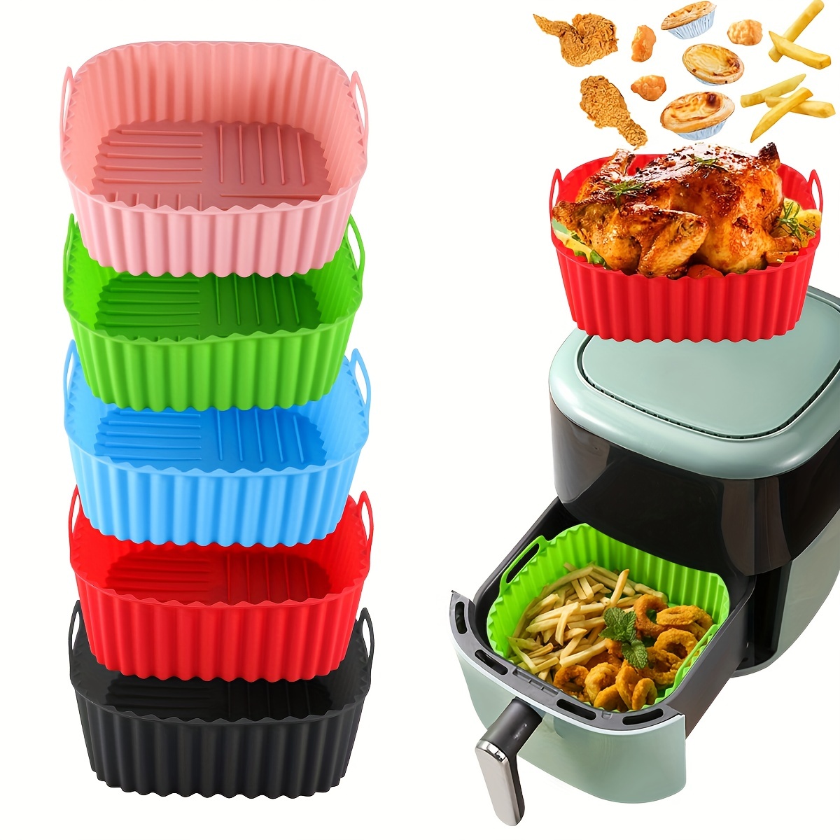 Kitchen Gadgets Air Fryer - ซับหม้อทอดอากาศซิลิโคนทรงสี่เหลี่ยม 1 แบบใช้ซ้ําได้และสามารถใช้ซ้ําได้สําหรับทําความสะอาดเครื่องล้างจาน เตาอบ อุปกรณ์อบขนม และอุปกรณ์ครัว