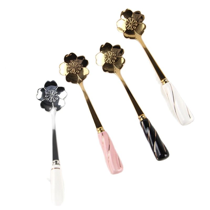 Kitchen Gadgets Gold - ชุดอุปกรณ์บนโต๊ะอาหารช้อนคนกาแฟช้อนตักดอกไม้มือจับเซรามิคช้อนตักเชอร์รี่ชุบทองเครื่องมือทำครัว