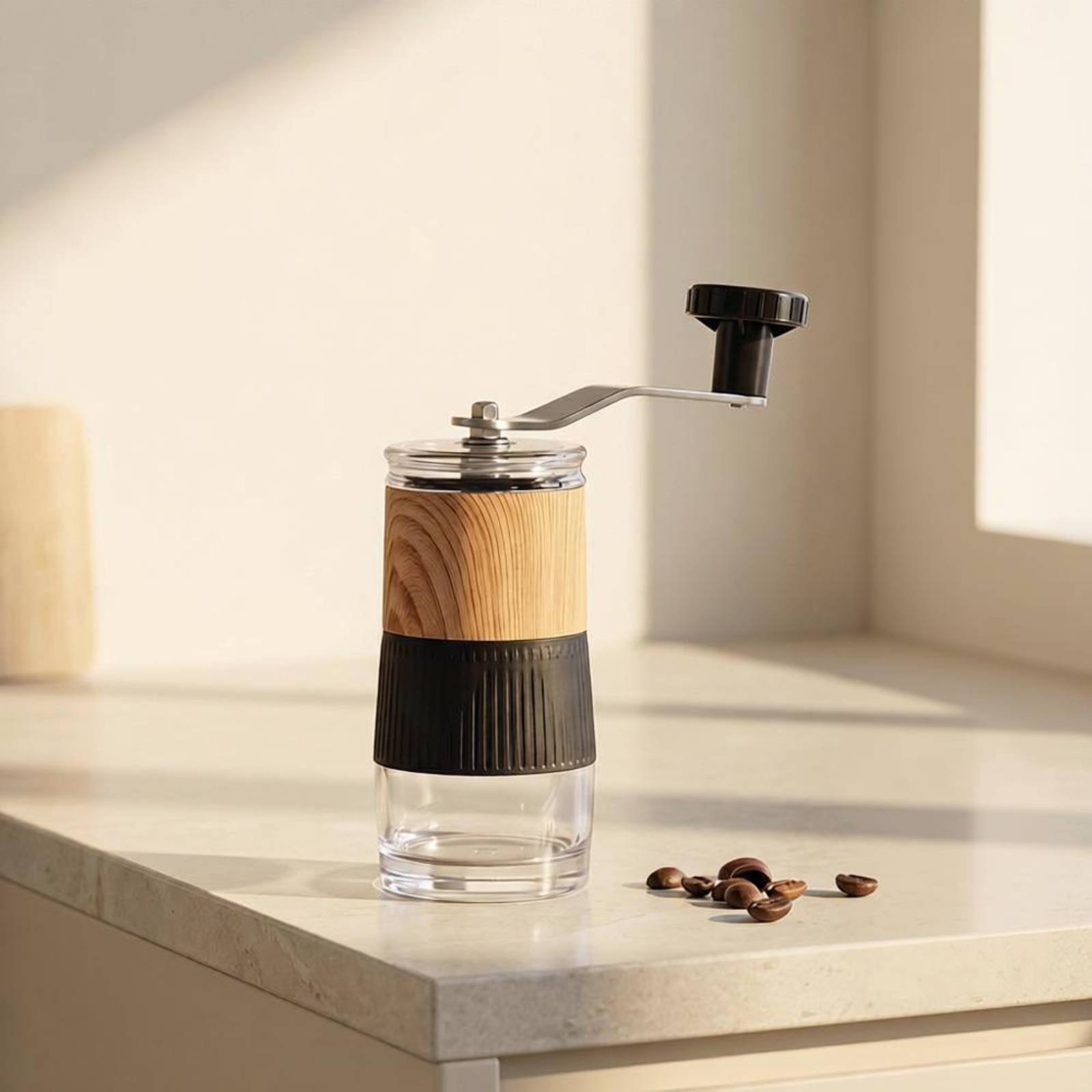 Kitchen Hand Gadgets - เครื่องบดกาแฟแบบมือหมุน บดละเอียดสม่ำเสมอ อุปกรณ์ครัว ลายไม้ ฐานโปร่งใส สำหรับนักแคมป์